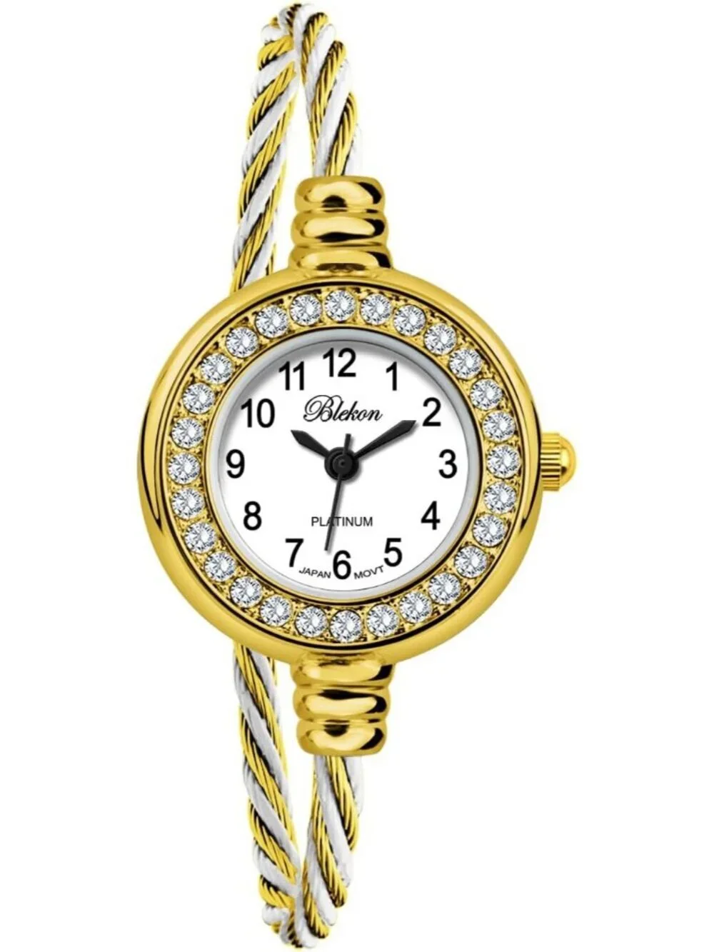 Women's Gold And White Analog Cable Cuff Arabic Number Rhinestone Bracelet Watch